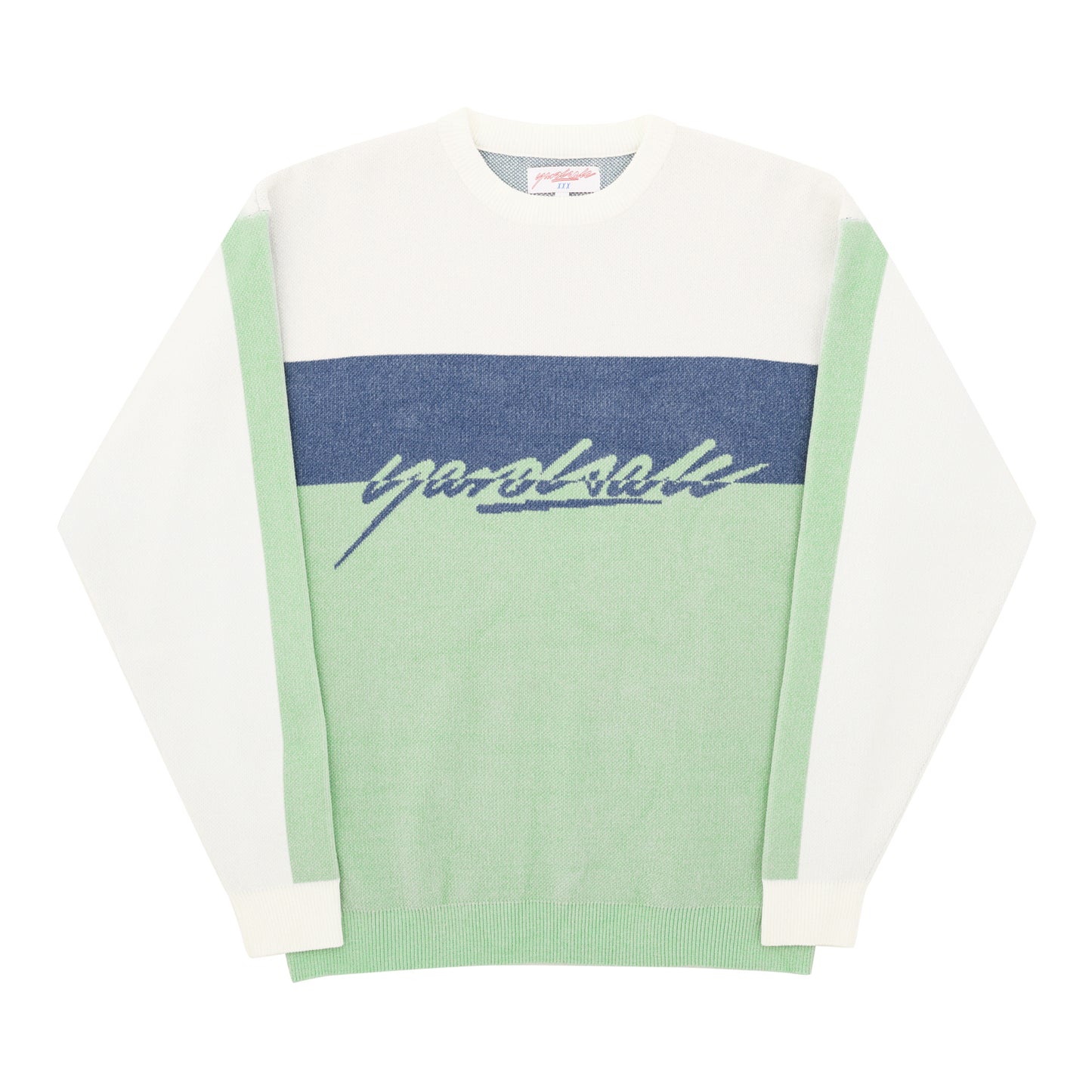 Chenille Script Knit (White/Green/Blue)