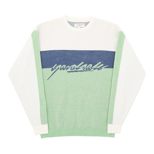 Chenille Script Knit (White/Green/Blue)